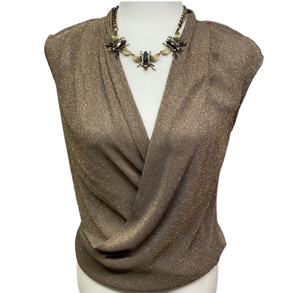 Sheer Dark Taupe With Gold Crisscross Front Blouse - Picture 1 of 4